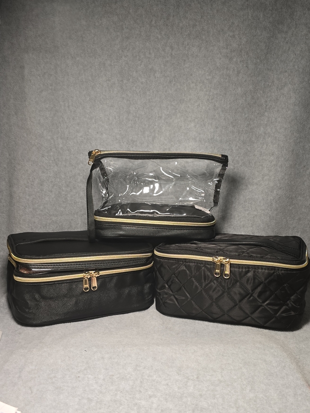 Black and Clear Travel Cosmetic Bag Set with Gold Zippers